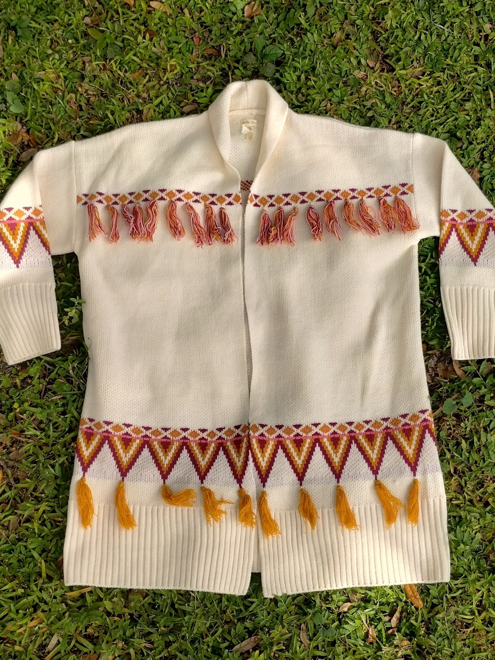 Matilda Jane Women's Ivory Fringe Collared Geometric Knit Cardigan M Acrylic
